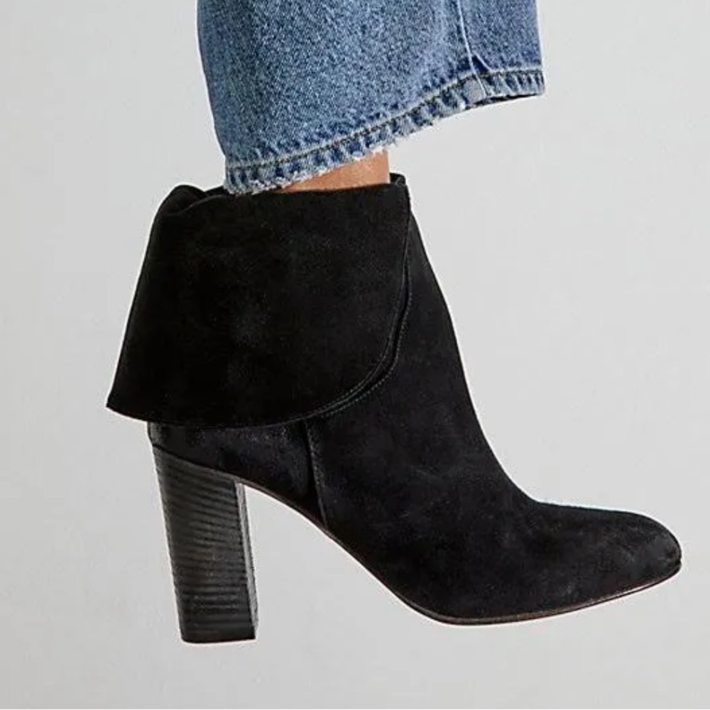 New Free People Mila Heel Boot Black Suede Fold Over Size 7 - Picture 1 of 9